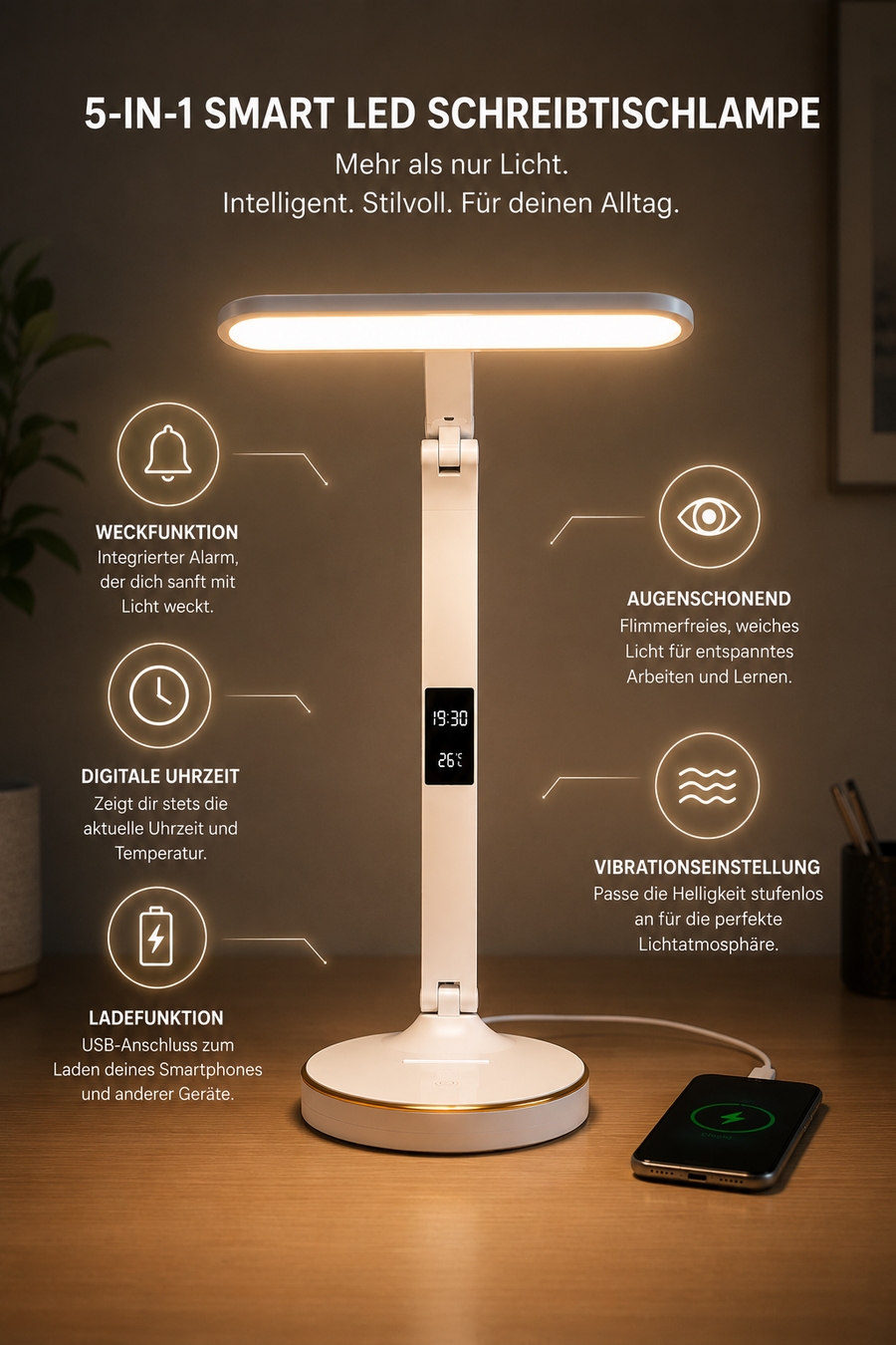 WiStudy Eye-Care Lernlampe – augenschonende LED mit Uhr & kabellosem Laden